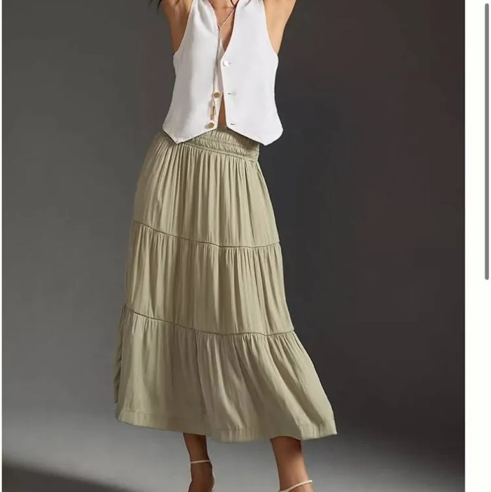 2xHP Silky Somerset Maxi Summer Skirt Tiered Smocked Moss Sold At Anthropologie